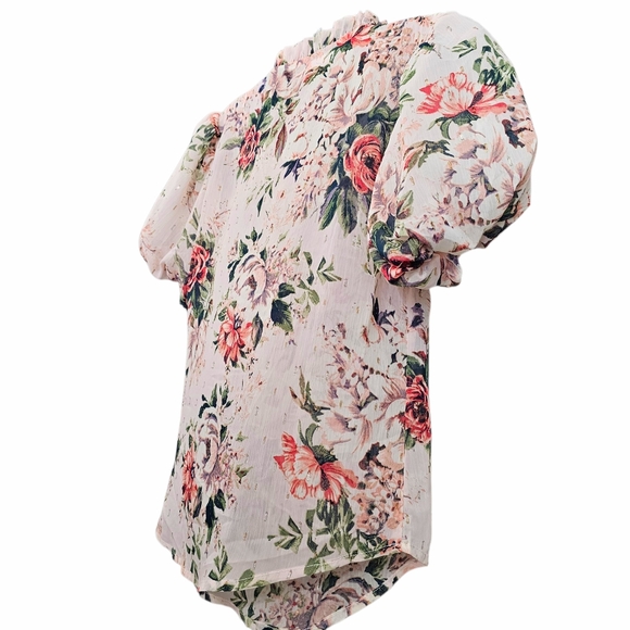 Nwot Roomates Light Pink Garden Floral Semi Sheer Puff Sleeve High Neckline Top - Picture 12 of 17